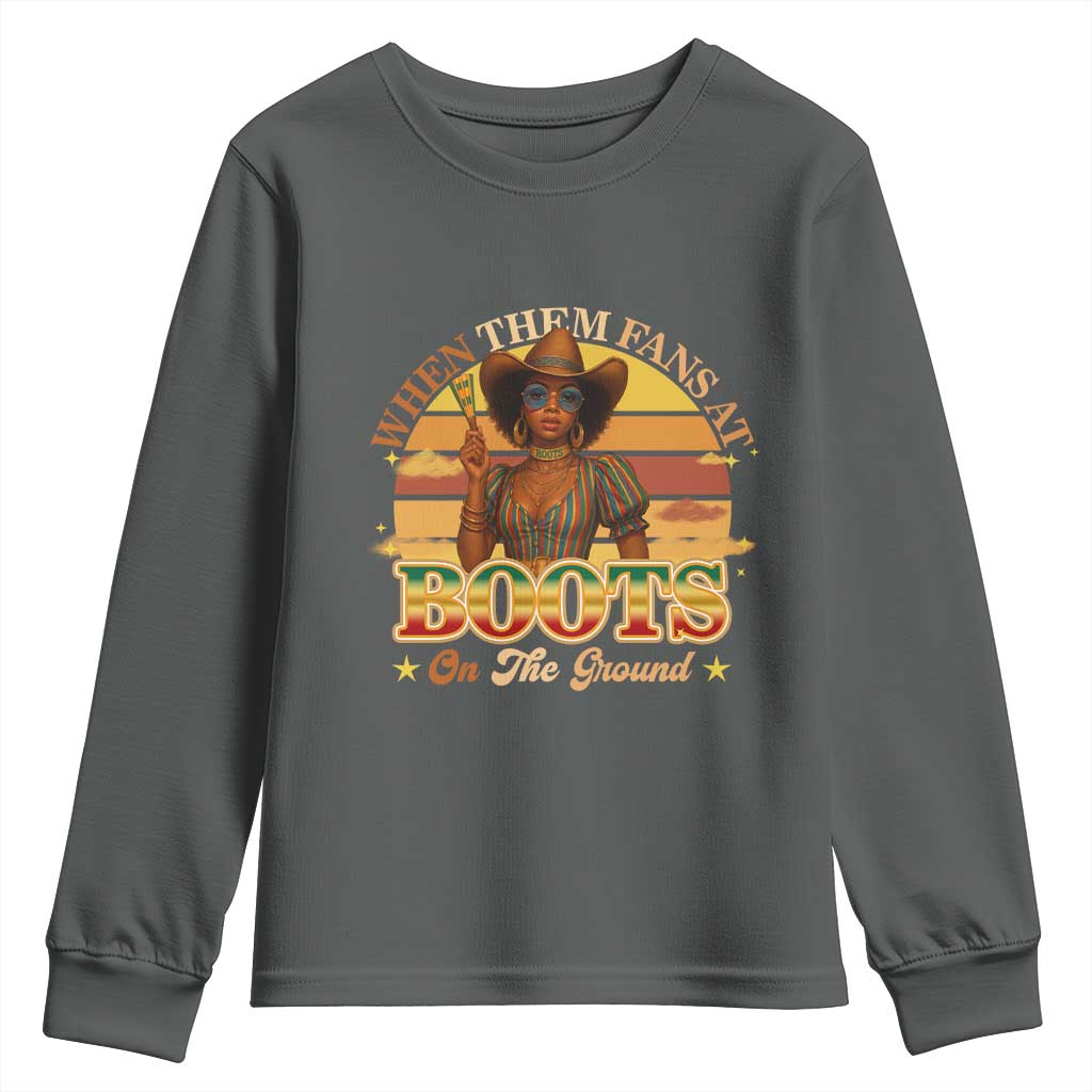 Black Cowgirl Rodeo Youth Sweatshirt Where Them Fans At Boots On Da Ground TS14 Dark Heather Print Your Wear