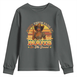 Black Cowgirl Rodeo Youth Sweatshirt Where Them Fans At Boots On Da Ground TS14 Dark Heather Print Your Wear