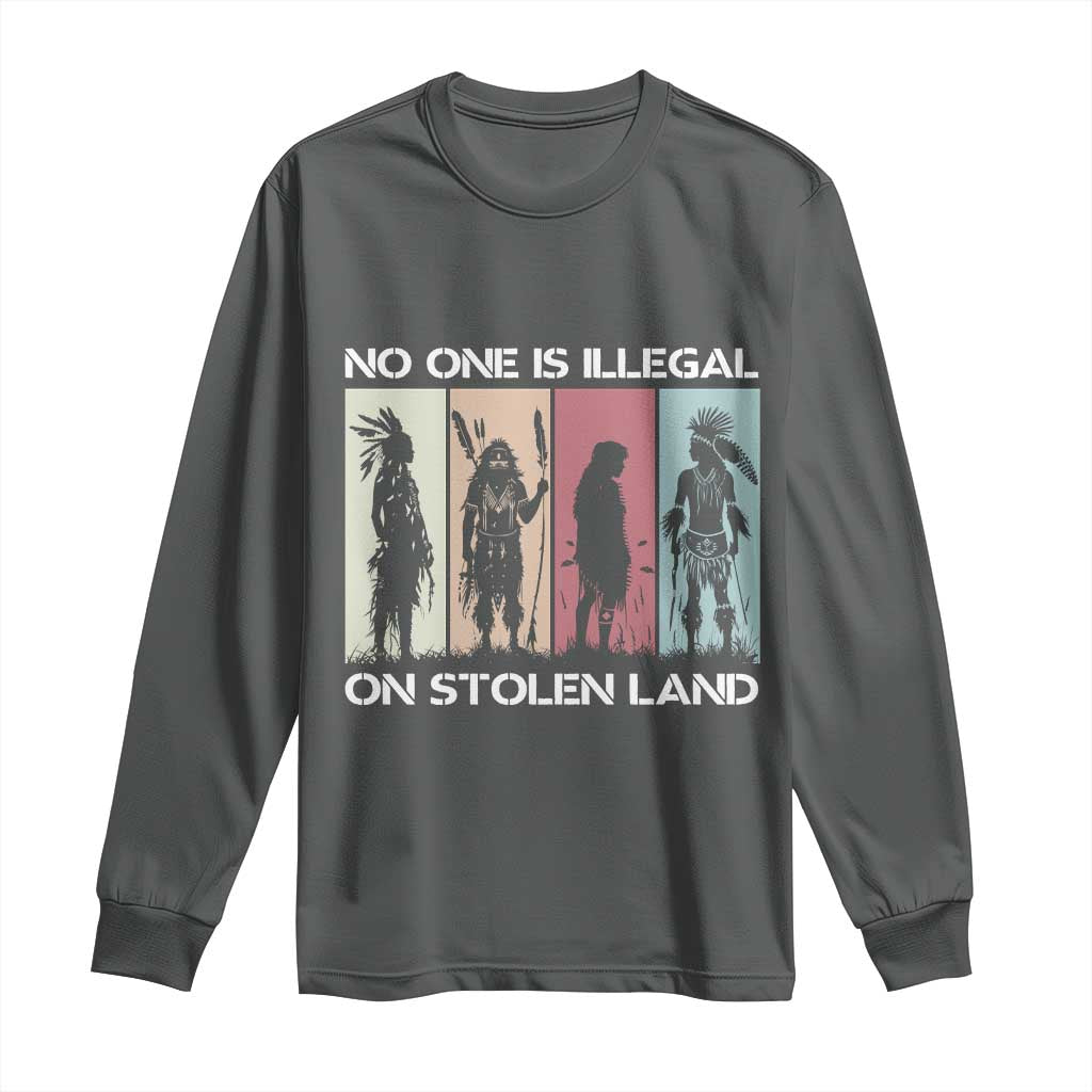 No One is Illegal on Stolen Land Long Sleeve Shirt Native American Indigenous TS14 Dark Heather Print Your Wear