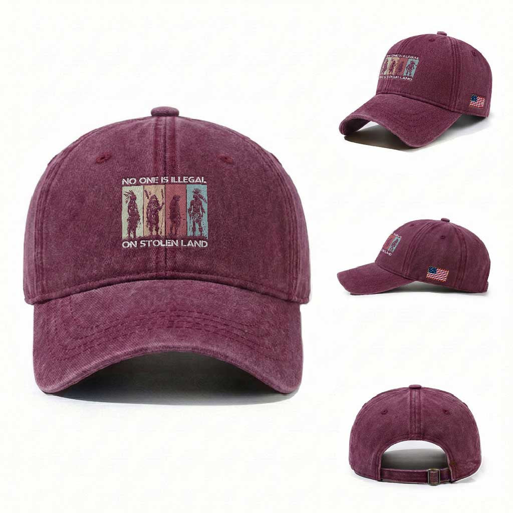 No One is Illegal on Stolen Land Washed Cotton Baseball Cap Native American Indigenous TS14 Washed Cap Universal Fit Burgundy Print Your Wear