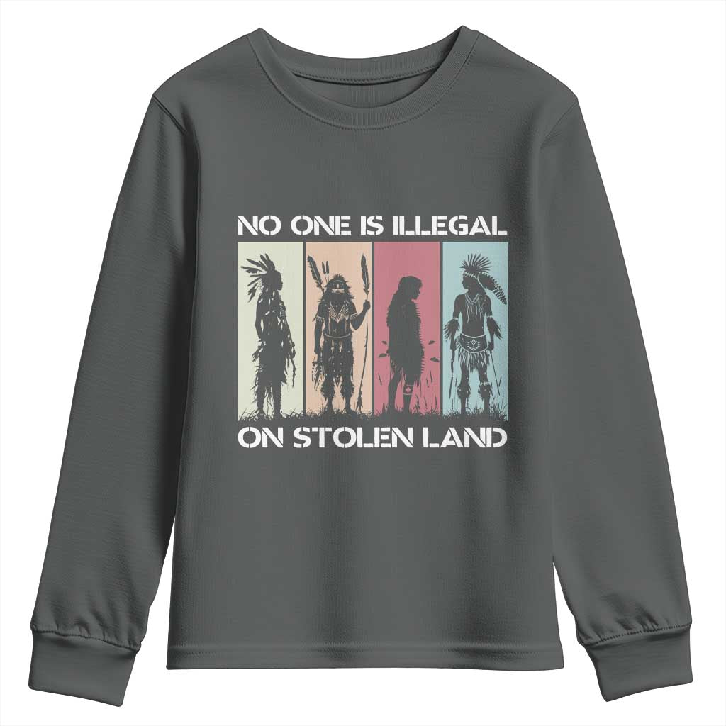 No One is Illegal on Stolen Land Youth Sweatshirt Native American Indigenous TS14 Dark Heather Print Your Wear