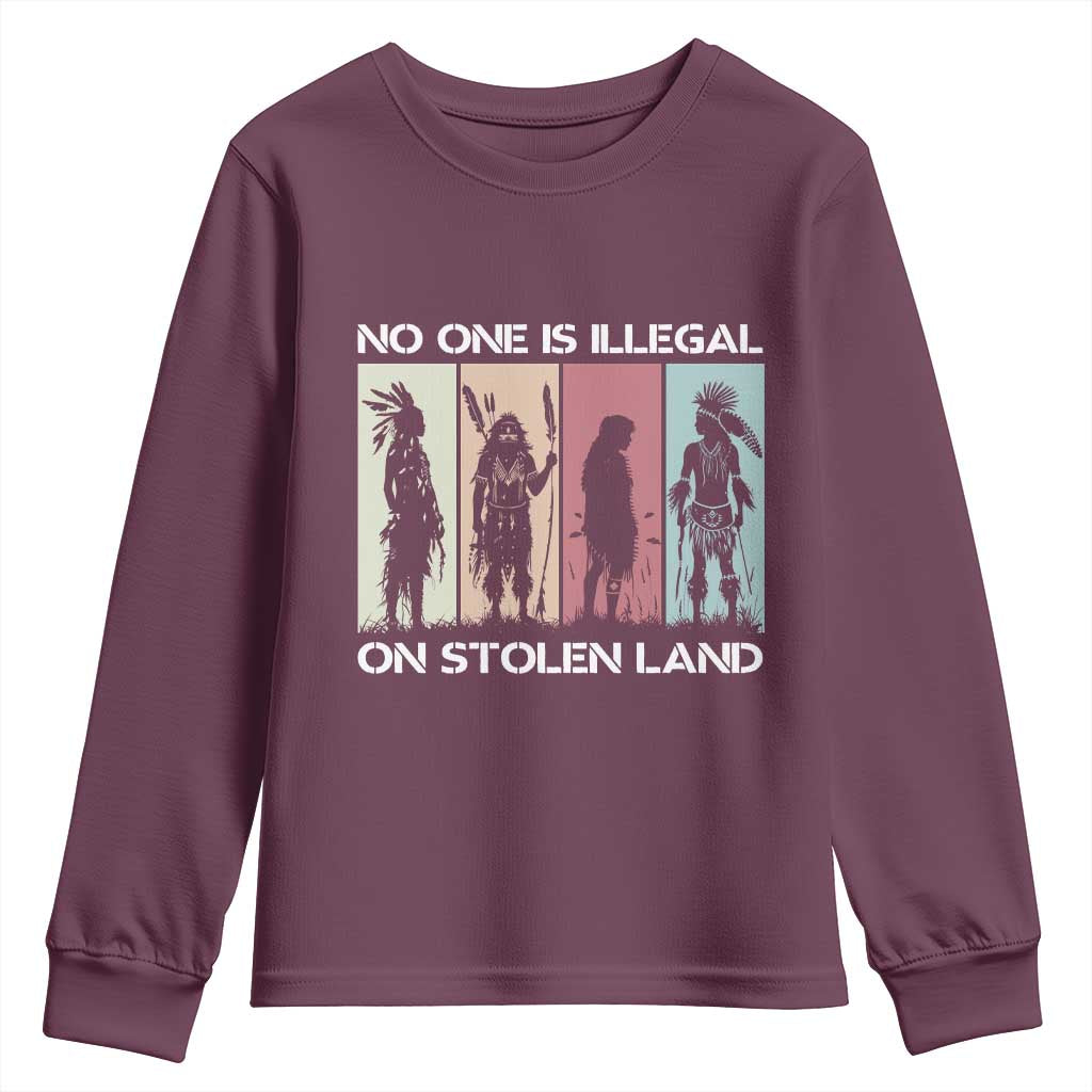 No One is Illegal on Stolen Land Youth Sweatshirt Native American Indigenous TS14 Maroon Print Your Wear