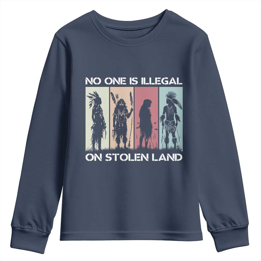 No One is Illegal on Stolen Land Youth Sweatshirt Native American Indigenous TS14 Navy Print Your Wear