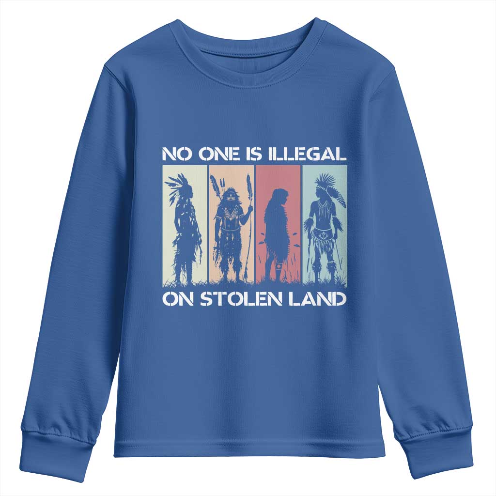 No One is Illegal on Stolen Land Youth Sweatshirt Native American Indigenous TS14 Royal Blue Print Your Wear
