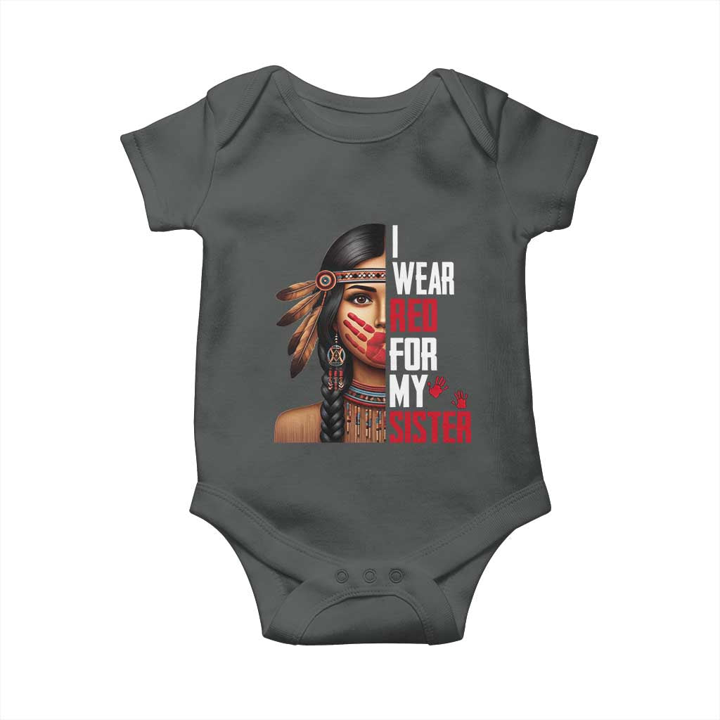 Native American Stop MMIW Baby Onesie I Wear Red For My Sister TS14 Dark Heather Print Your Wear