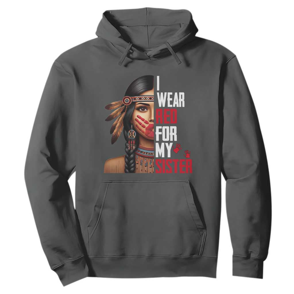 Native American Stop MMIW Hoodie I Wear Red For My Sister TS14 Dark Heather Print Your Wear