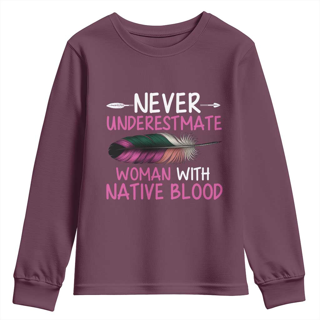 Native American Women Youth Sweatshirt Never Underestimate A Woman With Native Blood TS14 Maroon Print Your Wear