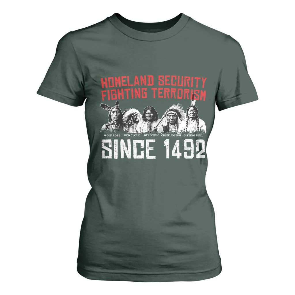 Native American T Shirt For Women Homeland Security Fighting Terrorism Since 1492 TS14 Dark Forest Green Print Your Wear
