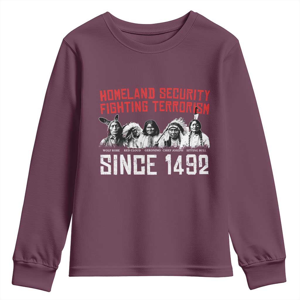 Native American Youth Sweatshirt Homeland Security Fighting Terrorism Since 1492 TS14 Maroon Print Your Wear