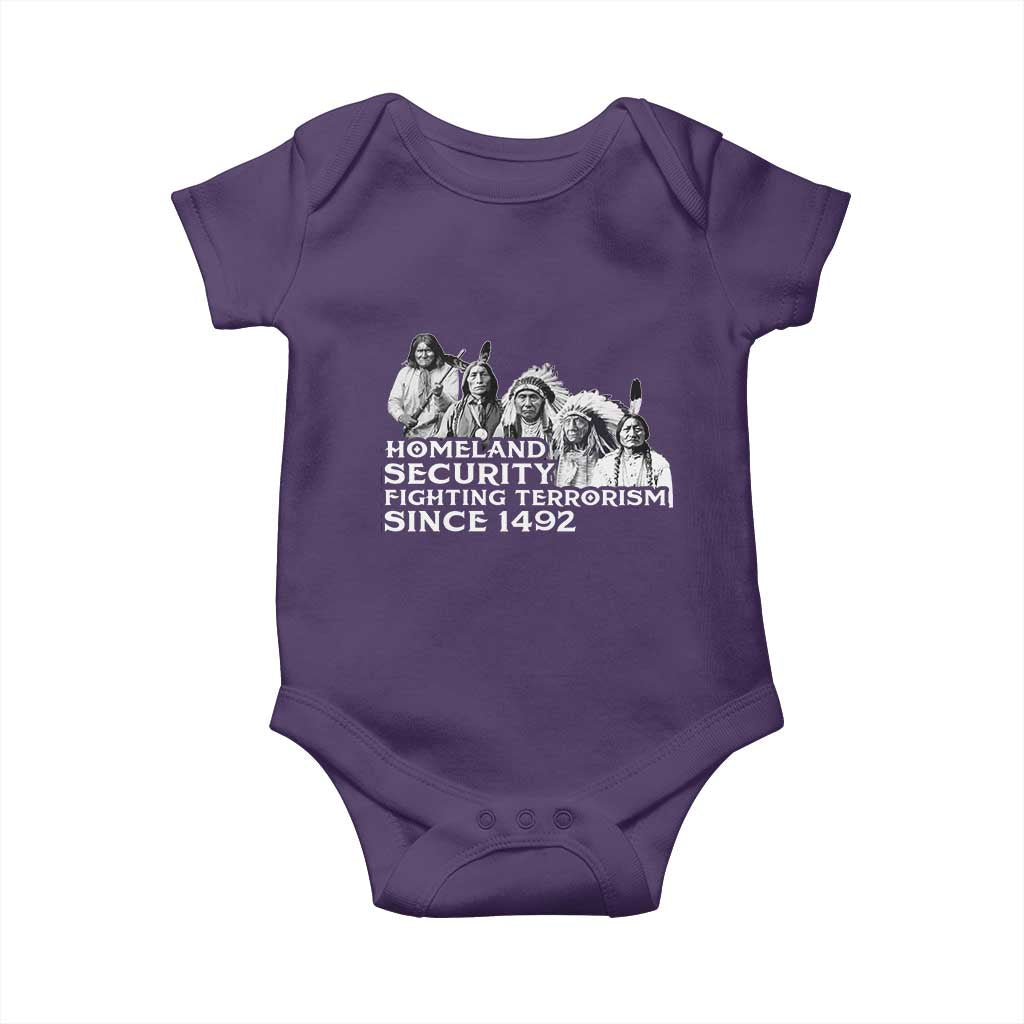 Homeland Security Fighting Terrorism Since 1492 Native American Baby Onesie TS14 Purple Print Your Wear