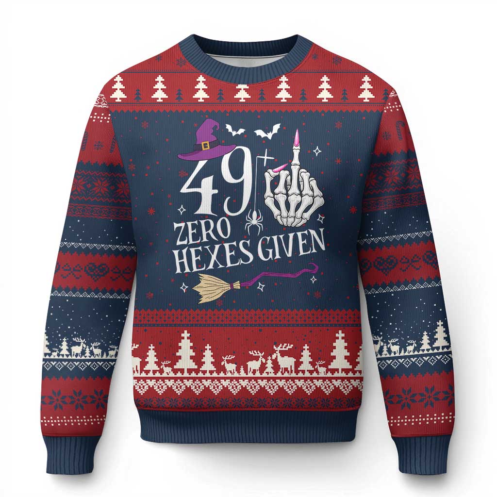 50th Birthday Halloween Ugly Christmas Sweater 49 Plus Middle Finger Zero Hexes Given Gift For Women TS14 Navy Red Print Your Wear
