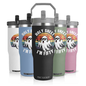 50th Birthday Halloween Ghost Flip Straw Tumbler Holy Sheet I'm Fifty