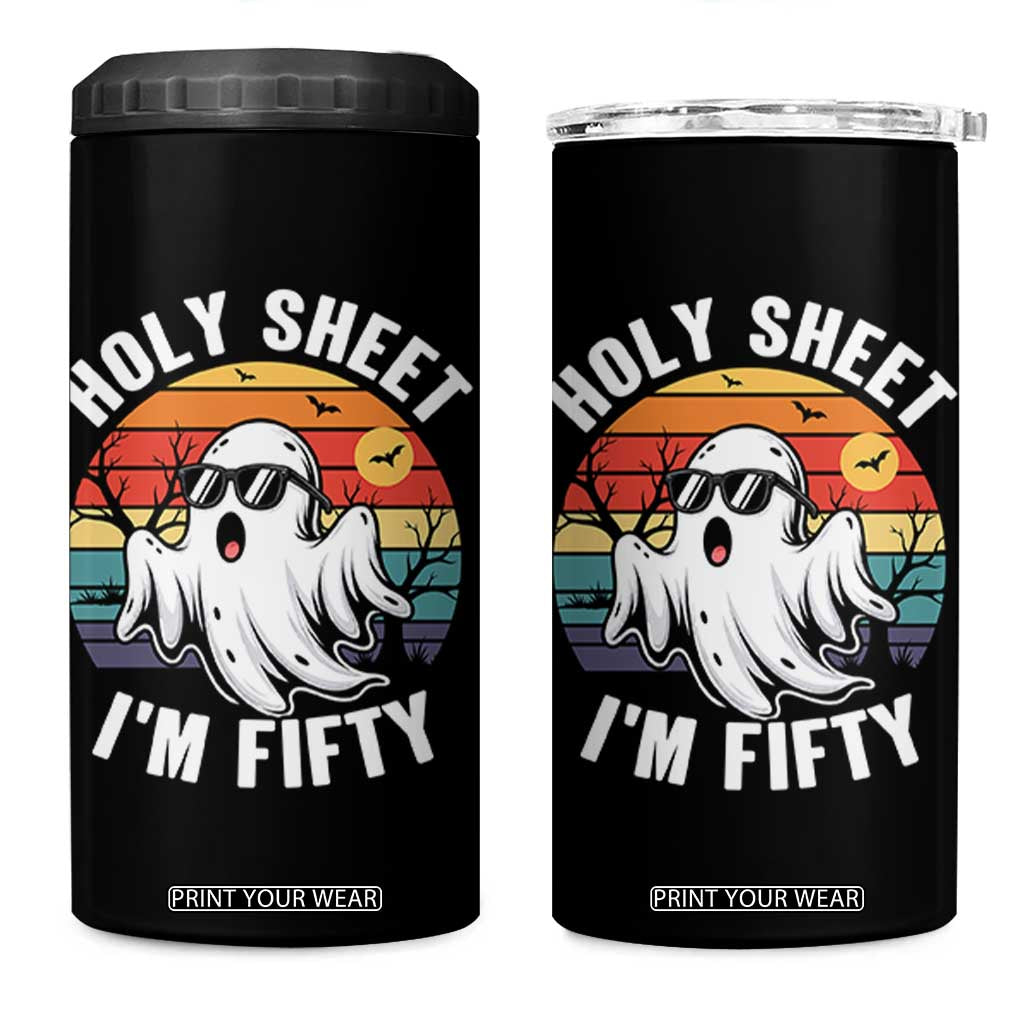 50th Birthday Halloween Ghost 4 in 1 Can Cooler Tumbler Holy Sheet I'm Fifty