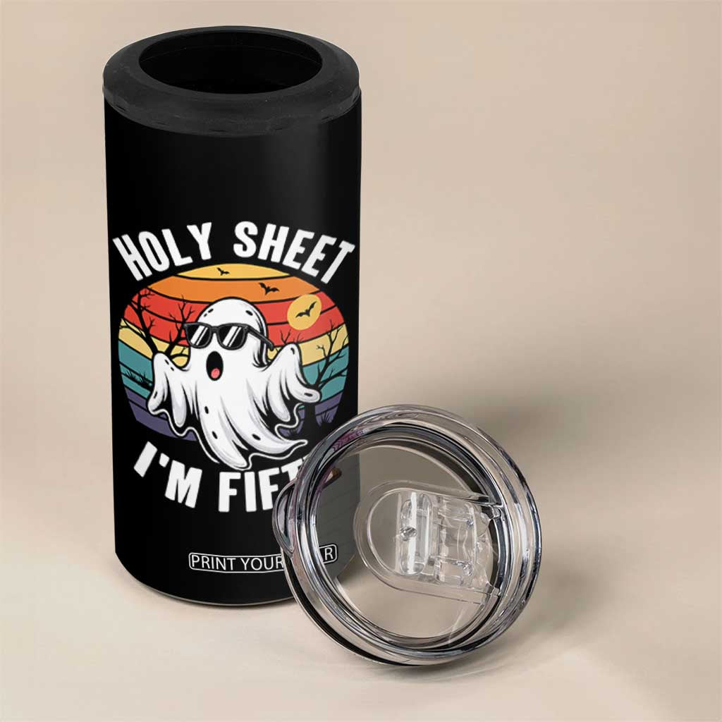 50th Birthday Halloween Ghost 4 in 1 Can Cooler Tumbler Holy Sheet I'm Fifty