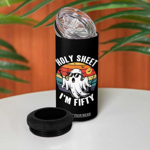 50th Birthday Halloween Ghost 4 in 1 Can Cooler Tumbler Holy Sheet I'm Fifty