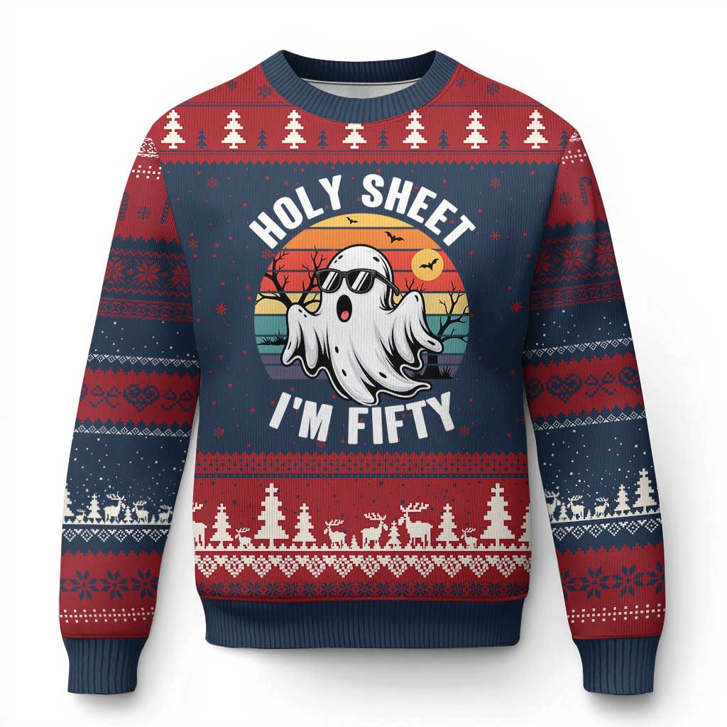50th Birthday Halloween Ghost Ugly Christmas Sweater Holy Sheet I'm Fifty