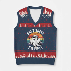 50th Birthday Halloween Ghost V-Neck Knit Sweater Vest Holy Sheet I'm Fifty