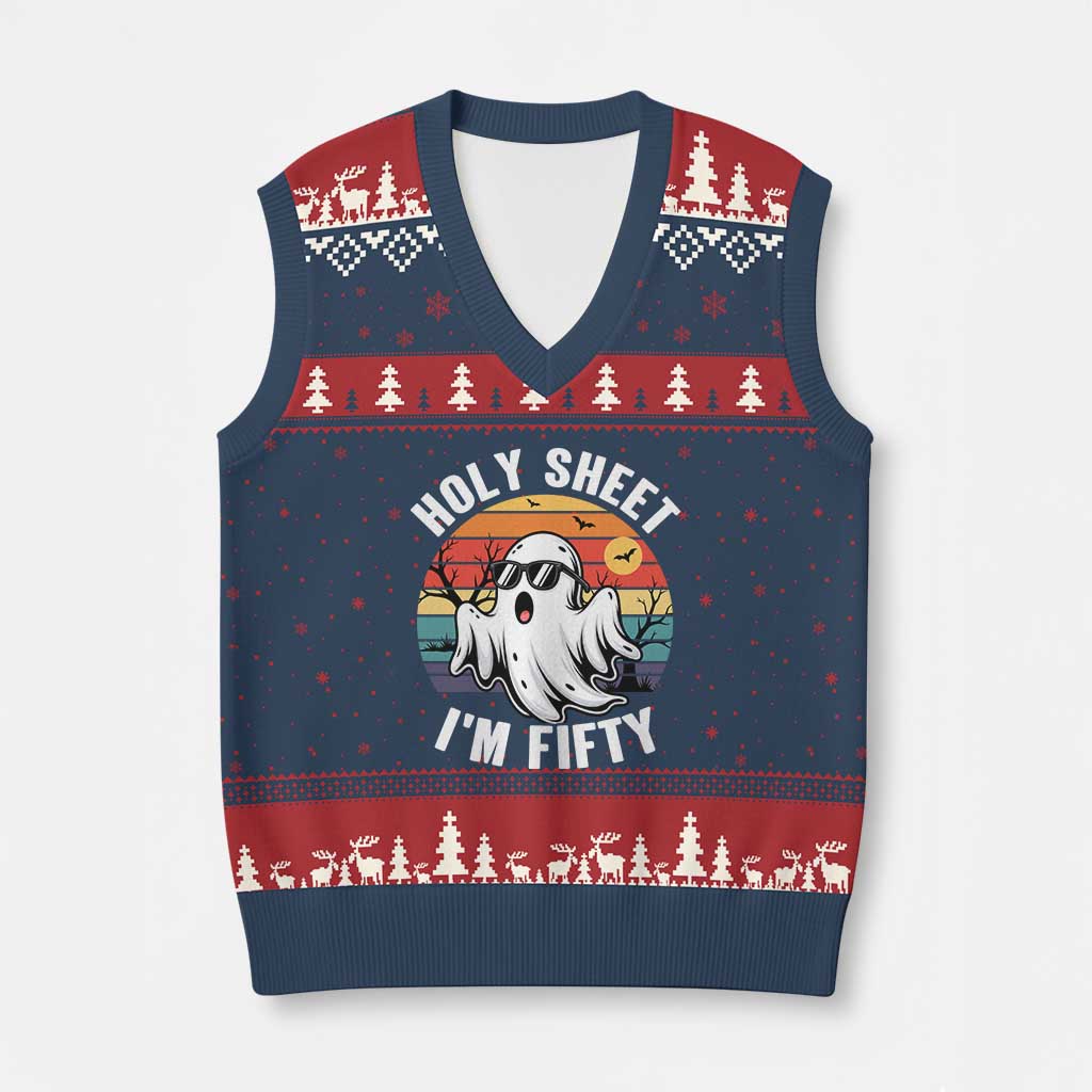 50th Birthday Halloween Ghost V-Neck Knit Sweater Vest Holy Sheet I'm Fifty TS14 Navy Red Print Your Wear