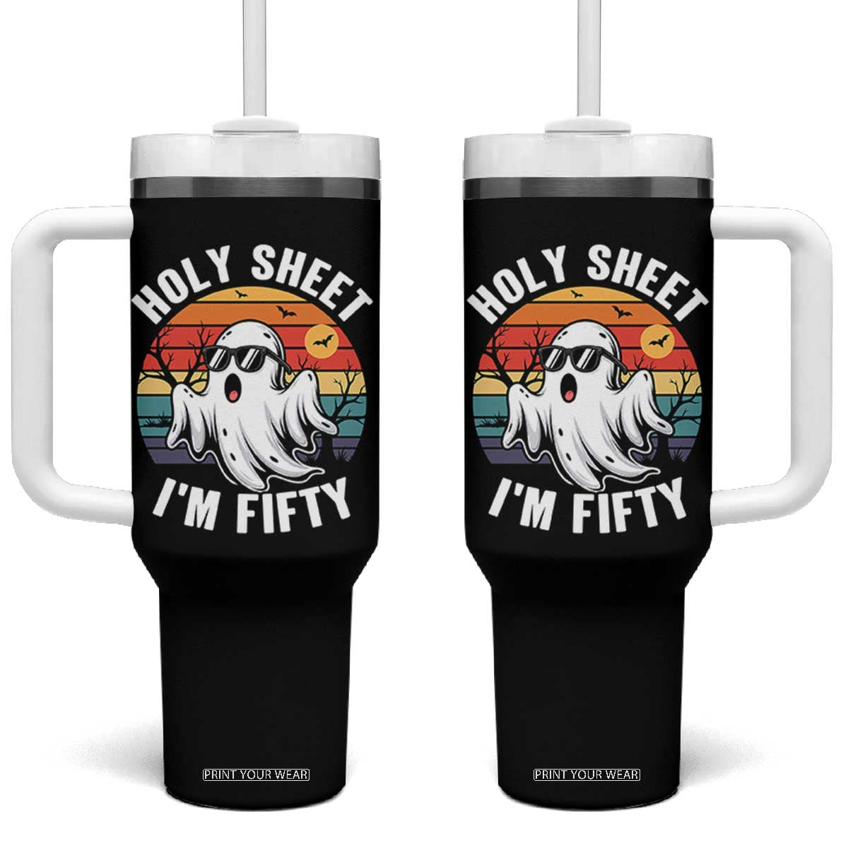 50th Birthday Halloween Ghost Tumbler With Handle Holy Sheet I'm Fifty