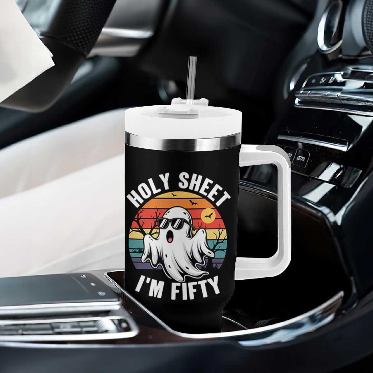 50th Birthday Halloween Ghost Tumbler With Handle Holy Sheet I'm Fifty