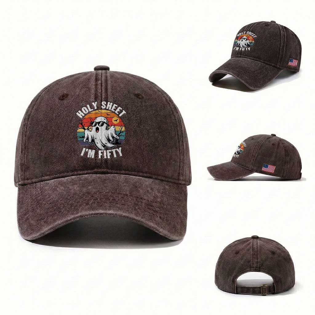 50th Birthday Halloween Ghost Washed Cotton Baseball Cap Holy Sheet I'm Fifty