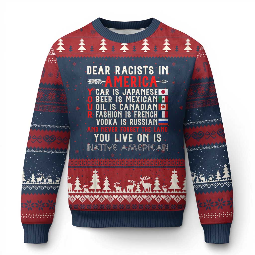 Dear Racists in America You Live On is Native American Ugly Christmas Sweater Anti Racism Indigenous Political Humor TS14 Navy Red Print Your Wear