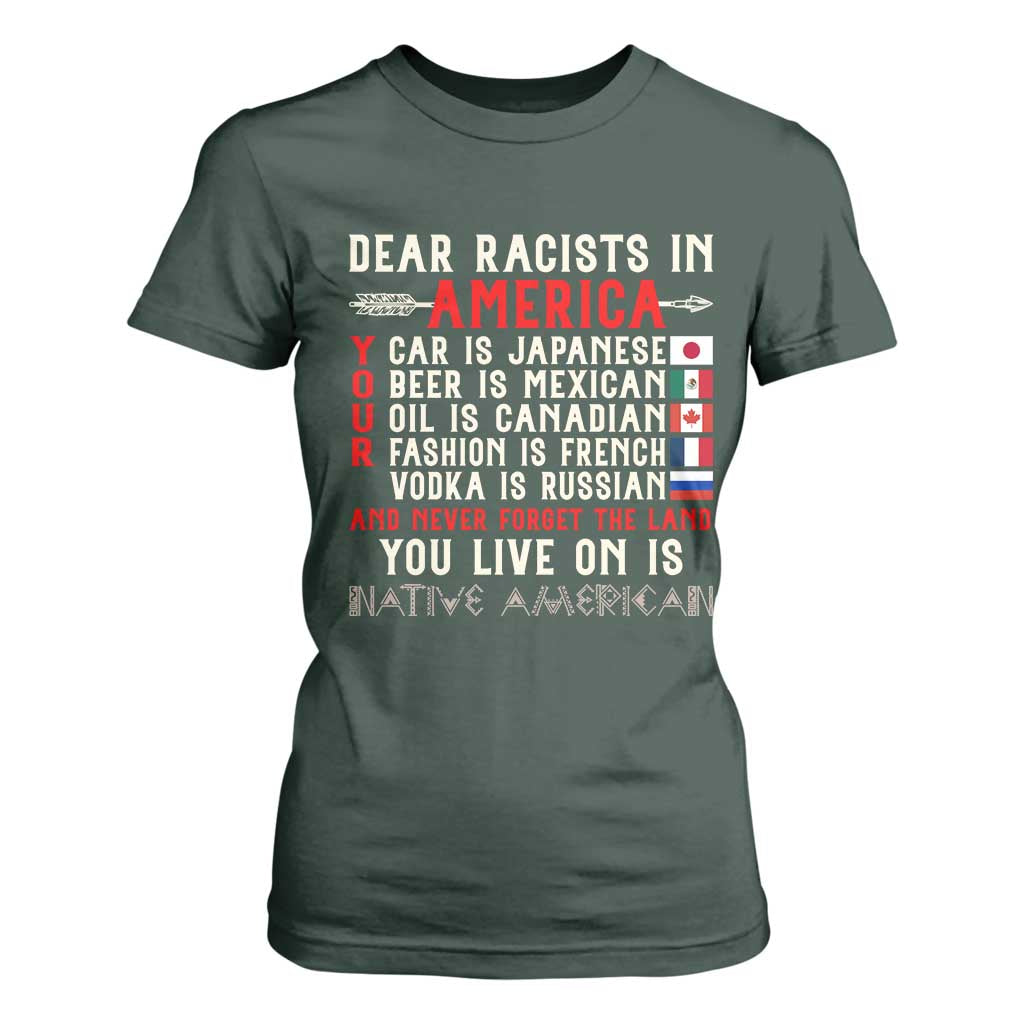 Dear Racists in America You Live On is Native American T Shirt For Women Anti Racism Indigenous Political Humor TS14 Dark Forest Green Print Your Wear