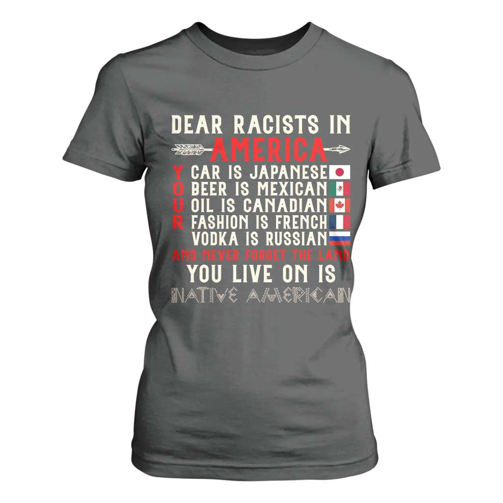 Dear Racists in America You Live On is Native American T Shirt For Women Anti Racism Indigenous Political Humor TS14 Dark Heather Print Your Wear