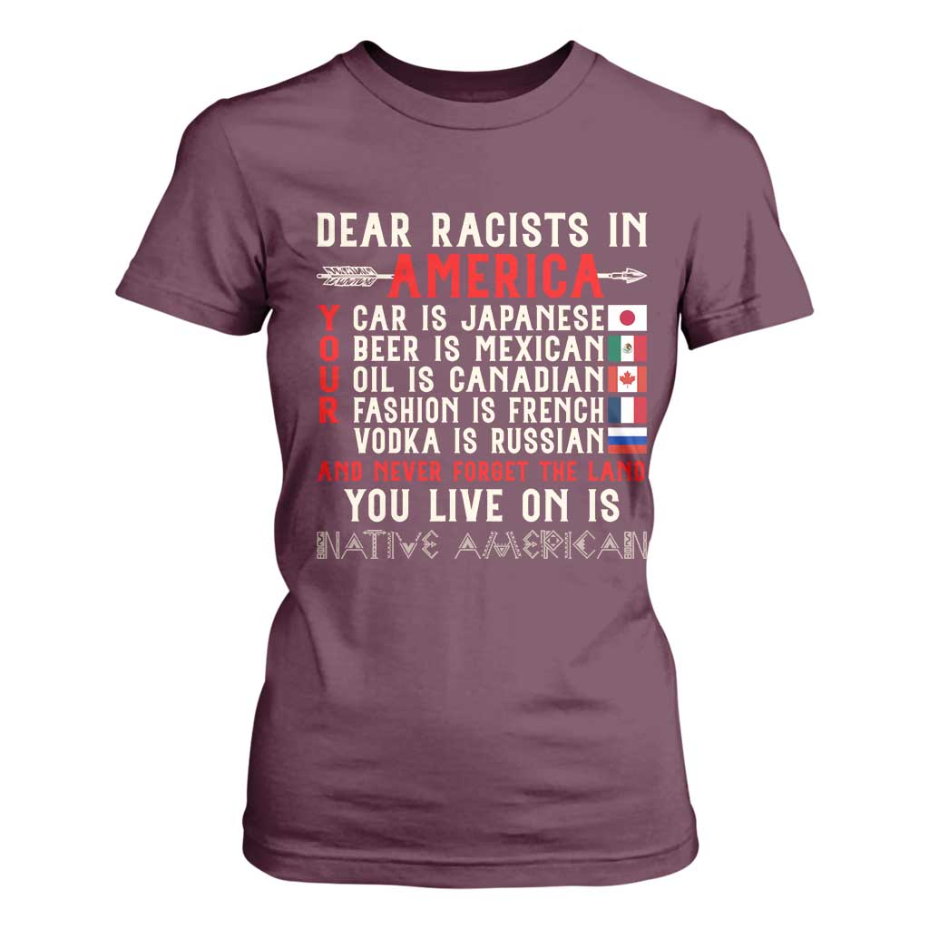 Dear Racists in America You Live On is Native American T Shirt For Women Anti Racism Indigenous Political Humor TS14 Maroon Print Your Wear