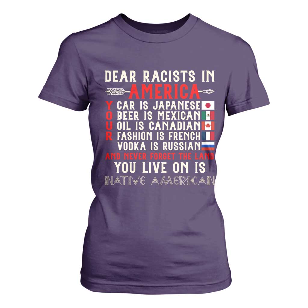 Dear Racists in America You Live On is Native American T Shirt For Women Anti Racism Indigenous Political Humor TS14 Purple Print Your Wear