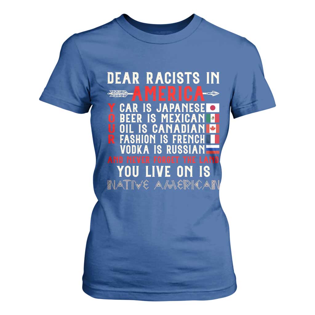 Dear Racists in America You Live On is Native American T Shirt For Women Anti Racism Indigenous Political Humor TS14 Royal Blue Print Your Wear