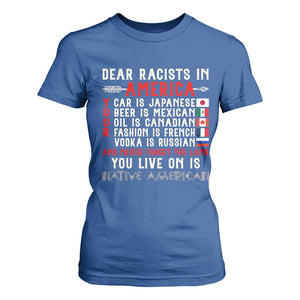 Dear Racists in America You Live On is Native American T Shirt For Women Anti Racism Indigenous Political Humor TS14 Royal Blue Print Your Wear