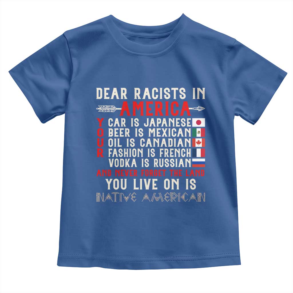 Dear Racists in America You Live On is Native American Toddler T Shirt Anti Racism Indigenous Political Humor TS14 Royal Blue Print Your Wear
