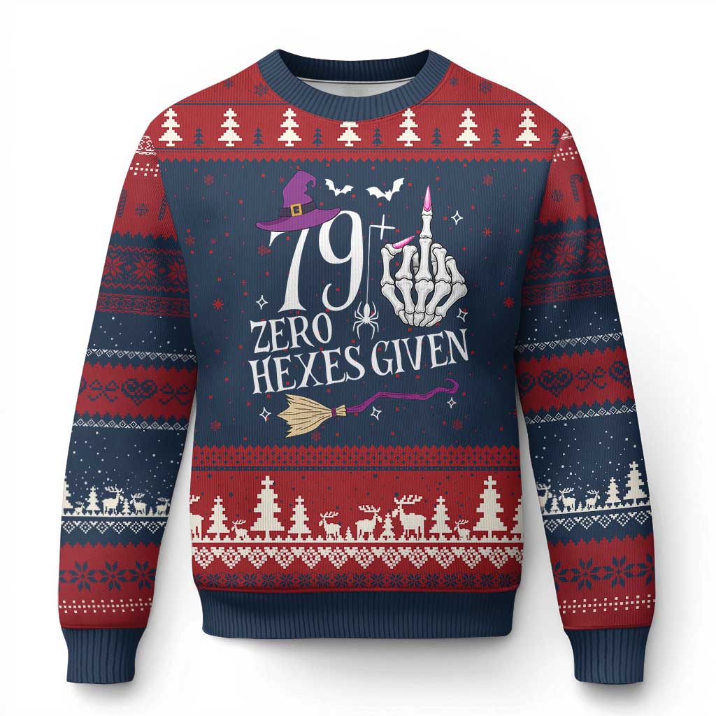 80th Birthday Halloween Ugly Christmas Sweater 79 Plus Middle Finger Zero Hexes Given Gift For Women TS14 Navy Red Print Your Wear