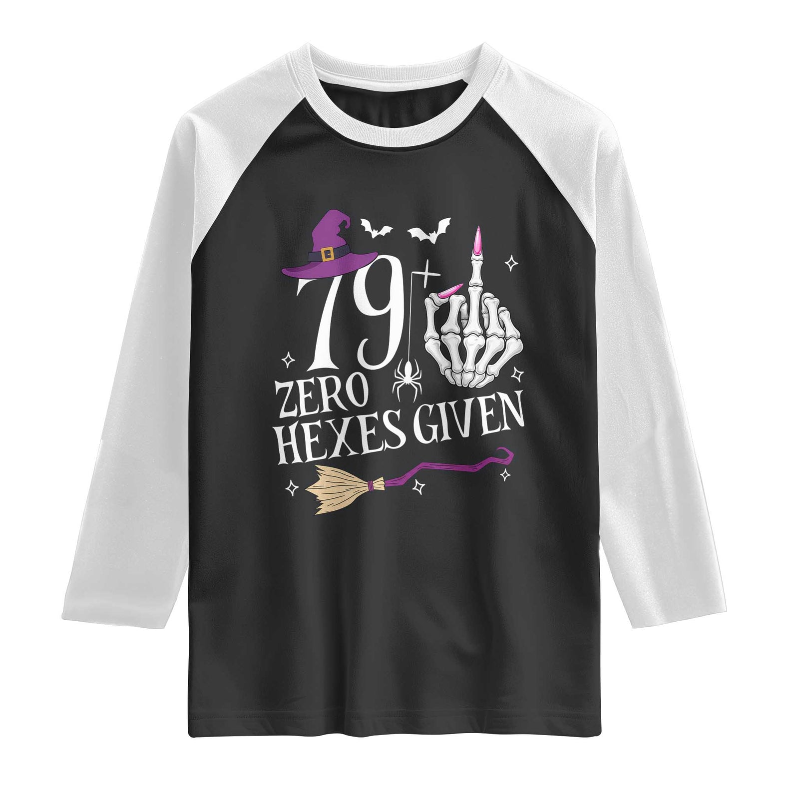 80th Birthday Halloween Raglan Shirt 79 Plus Middle Finger Zero Hexes Given Gift For Women TS14 Black White Print Your Wear