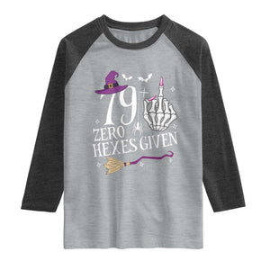 80th Birthday Halloween Raglan Shirt 79 Plus Middle Finger Zero Hexes Given Gift For Women TS14 Heather Gray Heather Charcoal Print Your Wear