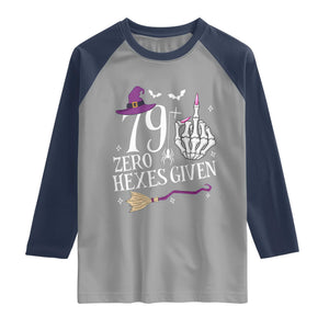 80th Birthday Halloween Raglan Shirt 79 Plus Middle Finger Zero Hexes Given Gift For Women TS14 Sport Gray Navy Print Your Wear
