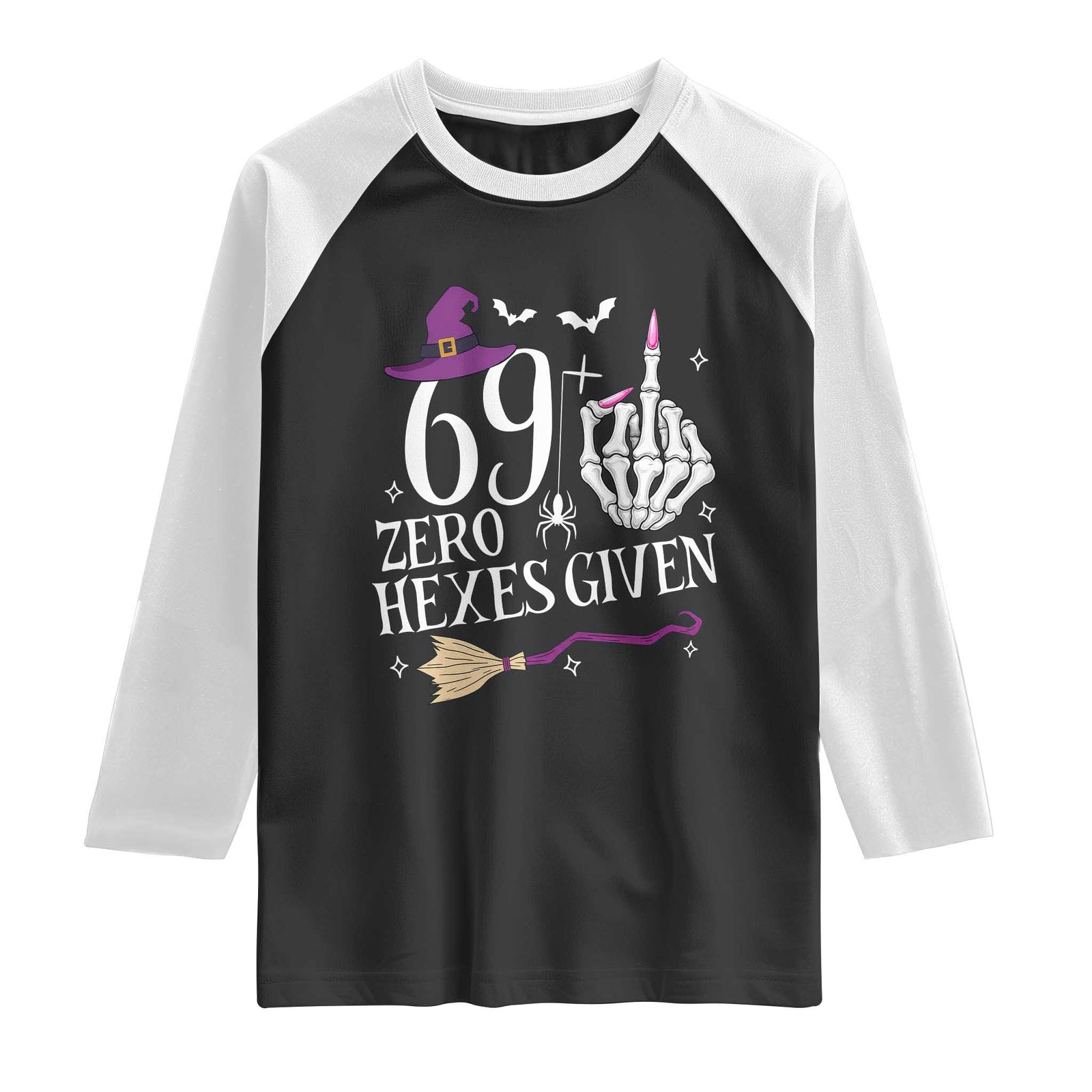 70th Birthday Halloween Raglan Shirt 69 Plus Middle Finger Zero Hexes Given Gift For Women TS14 Black White Print Your Wear