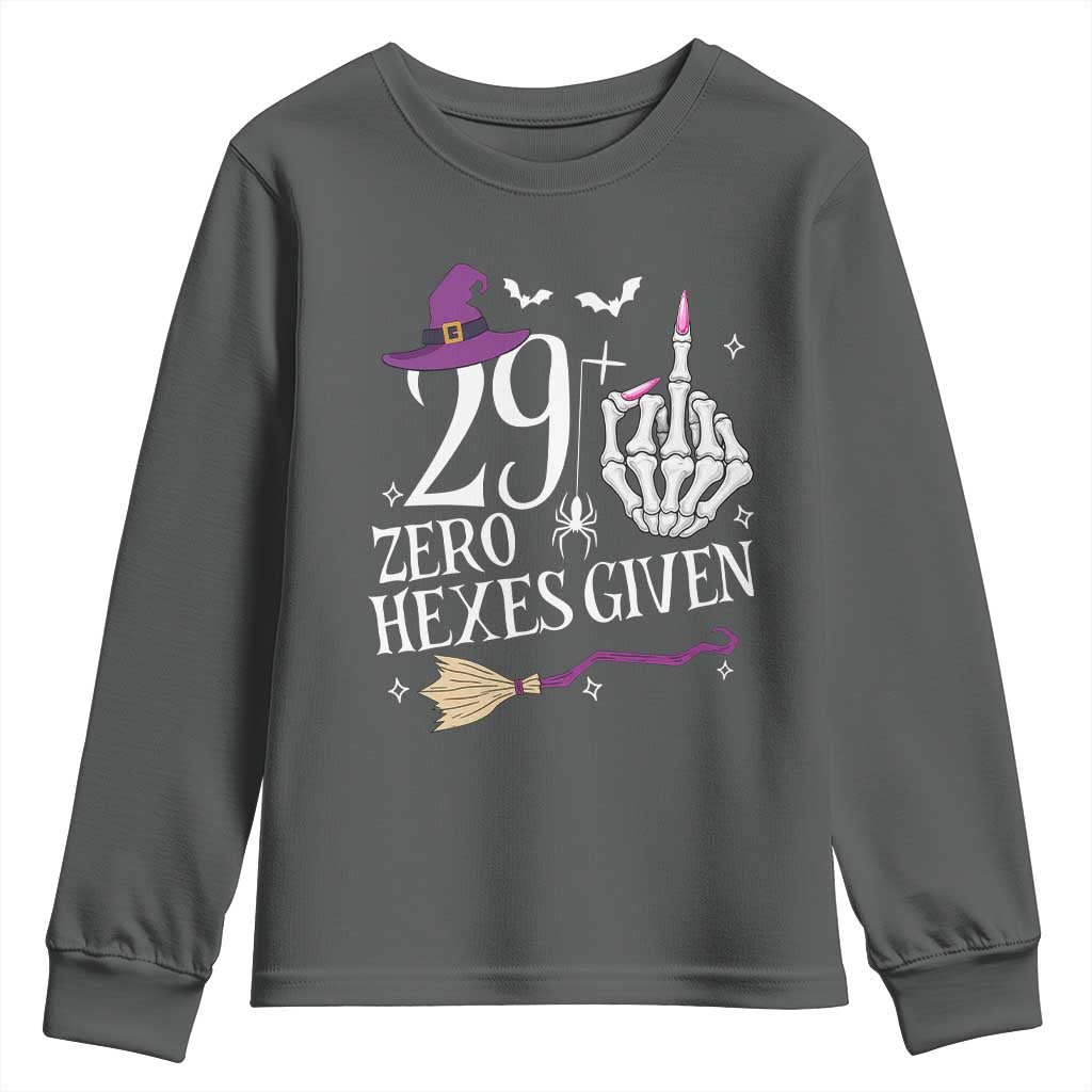 30th Birthday Halloween Youth Sweatshirt 29 Plus Middle Finger Zero Hexes Given Gift For Women TS14 Dark Heather Print Your Wear