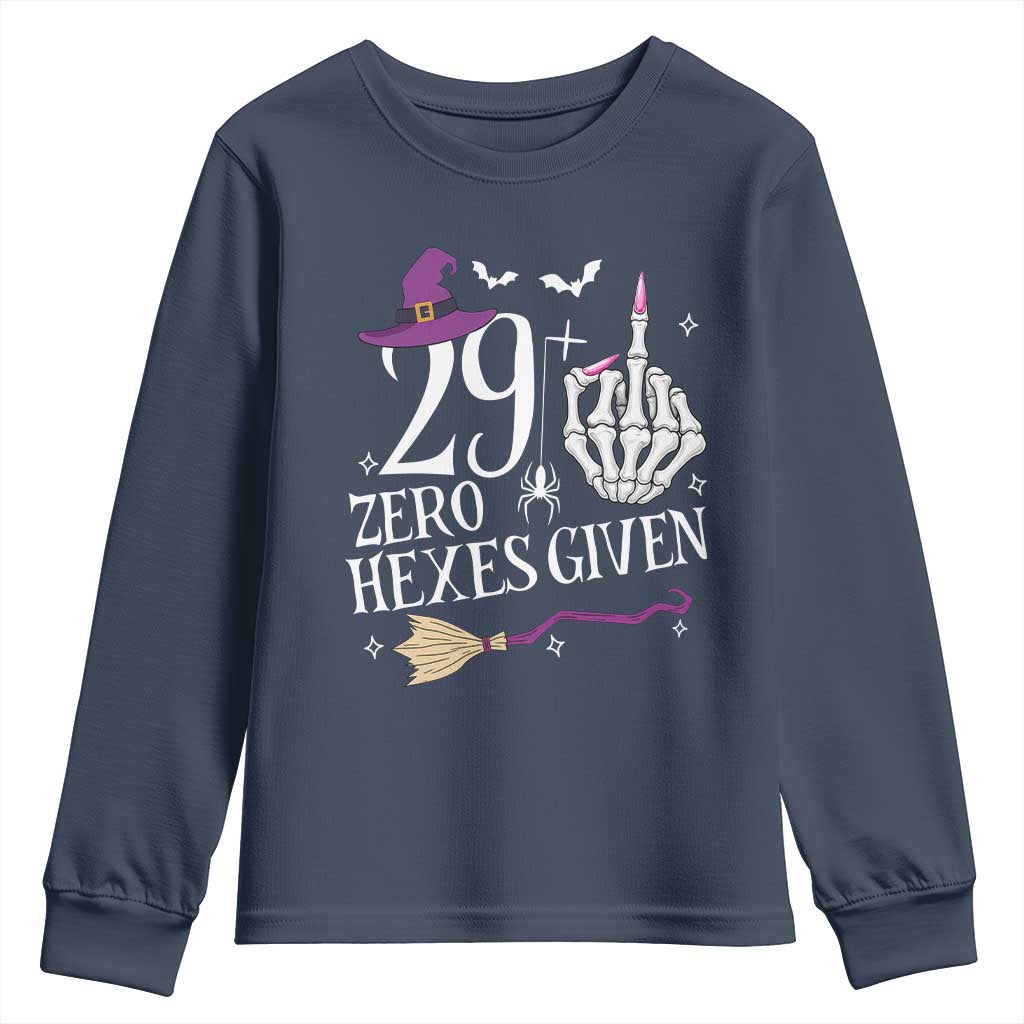 30th Birthday Halloween Youth Sweatshirt 29 Plus Middle Finger Zero Hexes Given Gift For Women TS14 Navy Print Your Wear