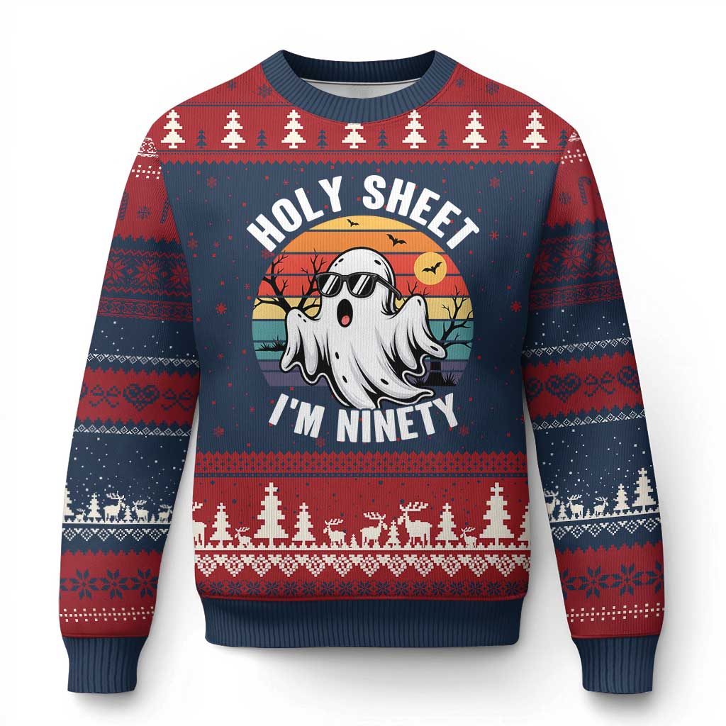 90th Birthday Halloween Ghost Ugly Christmas Sweater Holy Sheet I'm Ninety