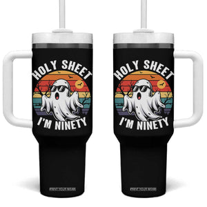 90th Birthday Halloween Ghost Tumbler With Handle Holy Sheet I'm Ninety