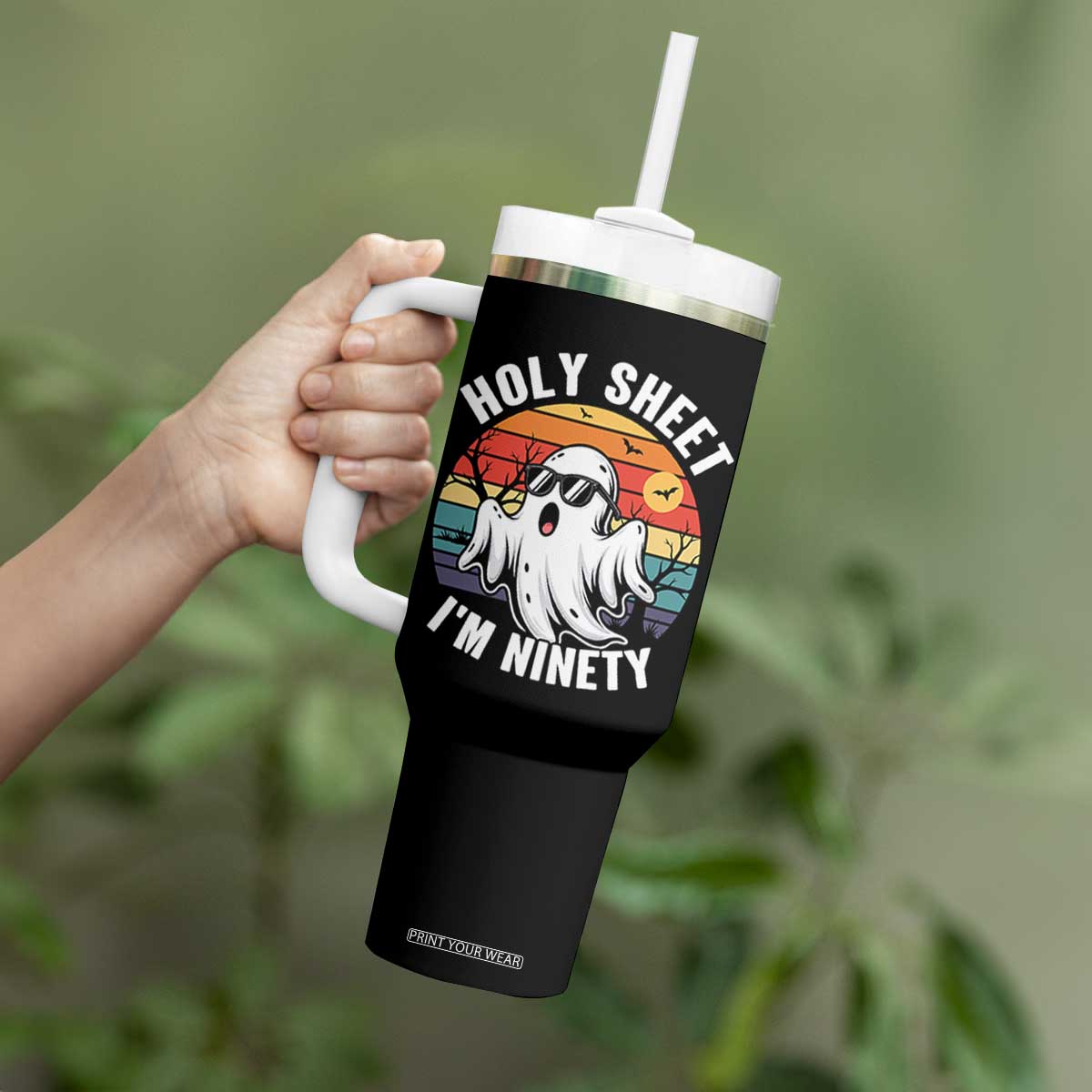 90th Birthday Halloween Ghost Tumbler With Handle Holy Sheet I'm Ninety
