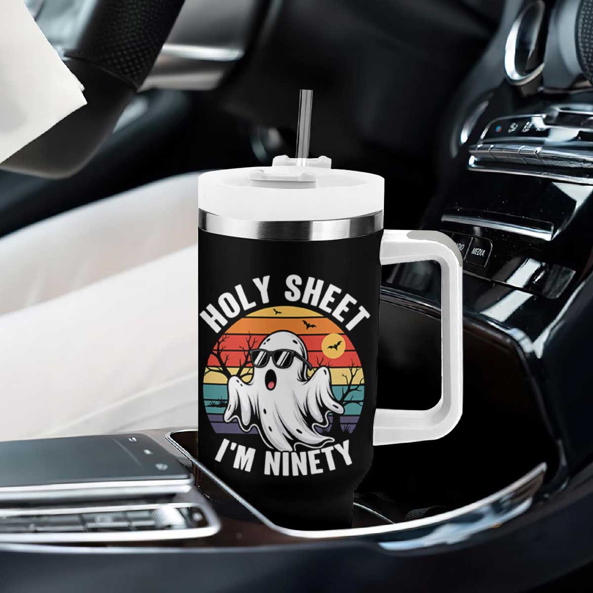 90th Birthday Halloween Ghost Tumbler With Handle Holy Sheet I'm Ninety