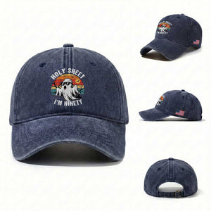 90th Birthday Halloween Ghost Washed Cotton Baseball Cap Holy Sheet I'm Ninety