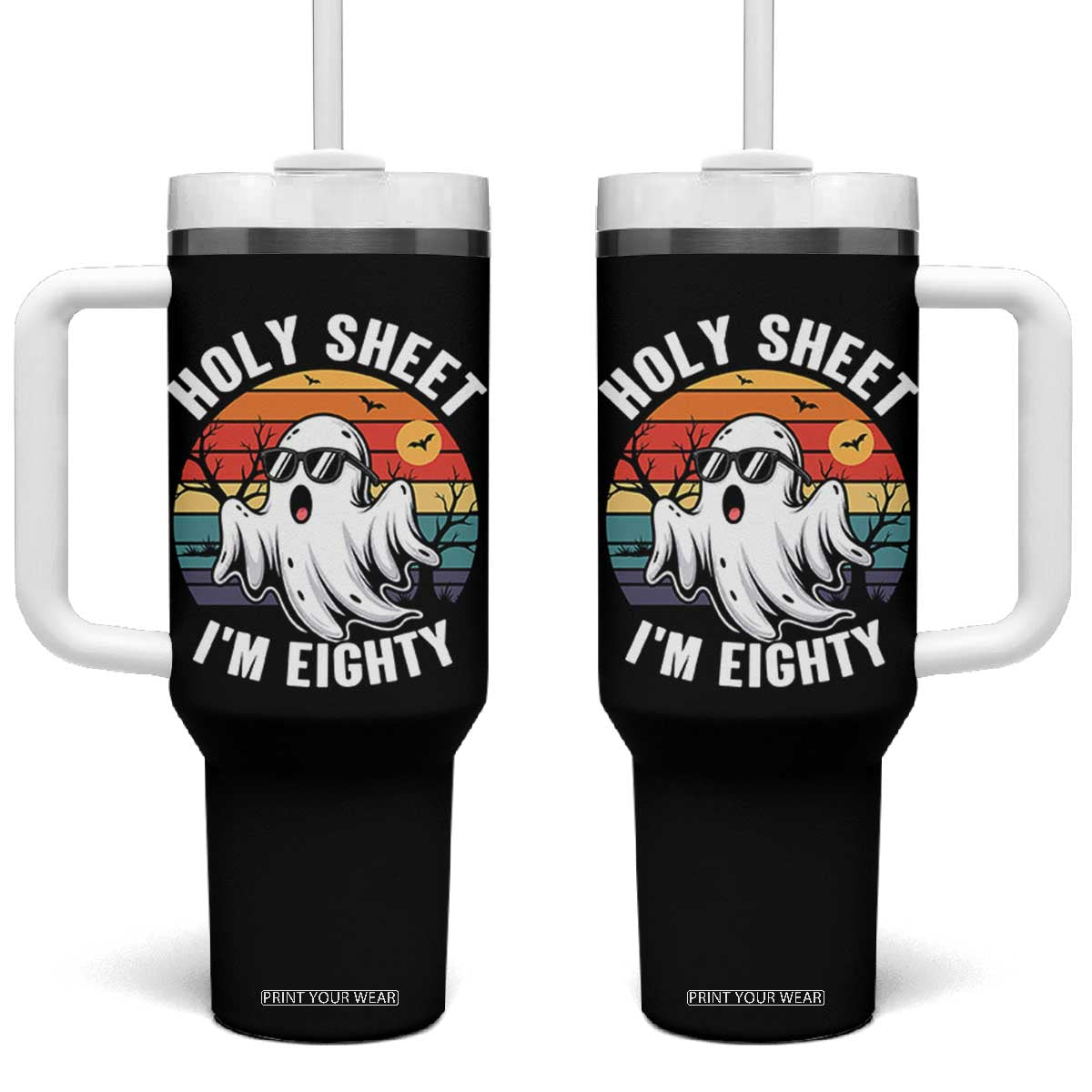 80th Birthday Halloween Ghost Tumbler With Handle Holy Sheet I'm Eighty