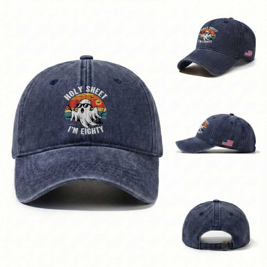 80th Birthday Halloween Ghost Washed Cotton Baseball Cap Holy Sheet I'm Eighty