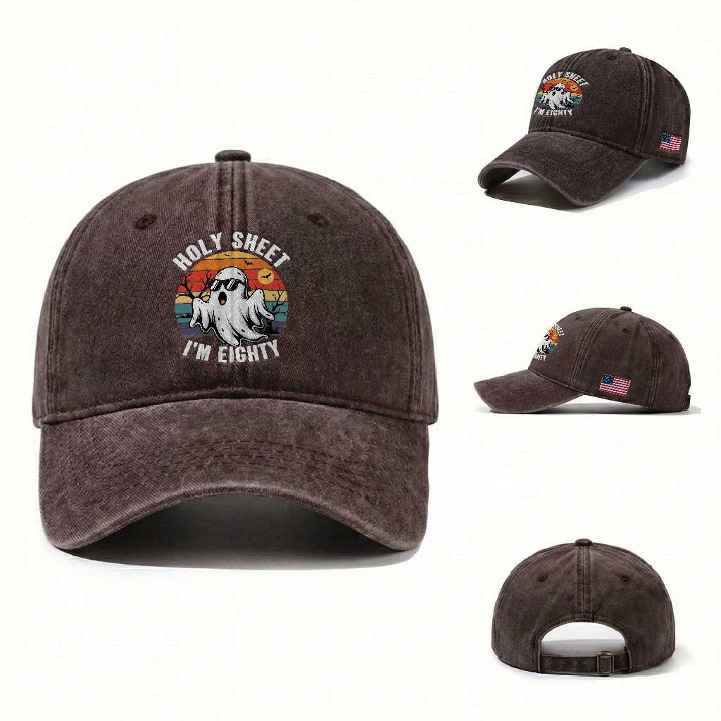 80th Birthday Halloween Ghost Washed Cotton Baseball Cap Holy Sheet I'm Eighty