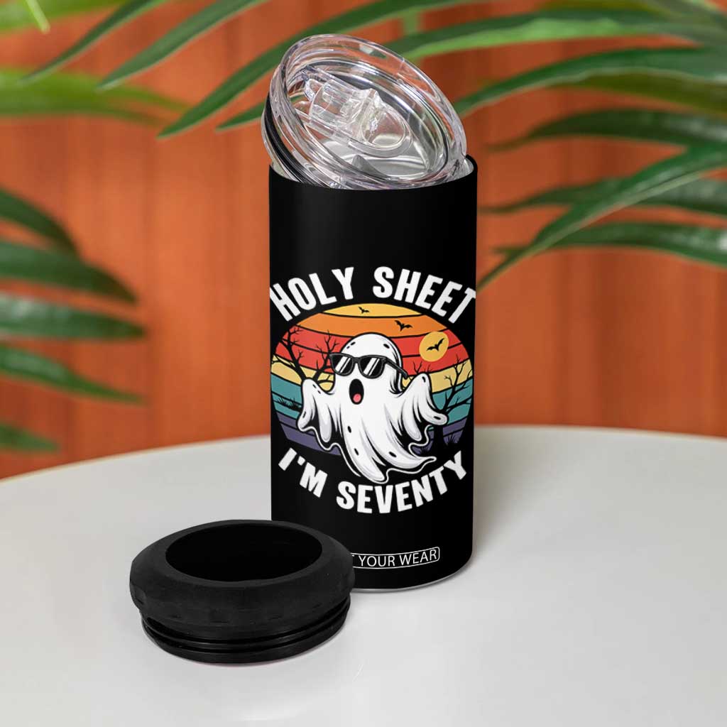70th Birthday Halloween Ghost 4 in 1 Can Cooler Tumbler Holy Sheet I'm Seventy