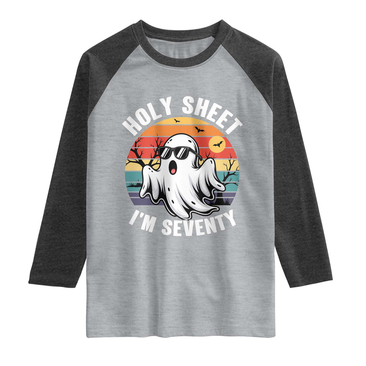 70th Birthday Halloween Ghost Raglan Shirt Holy Sheet I'm Seventy